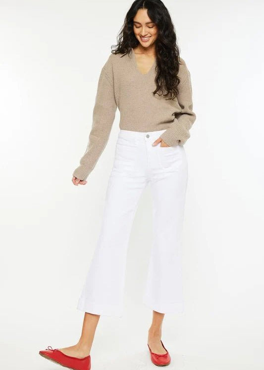 Kan Can High Rise Relaxed Cropped Flare White Jeans - The Nines