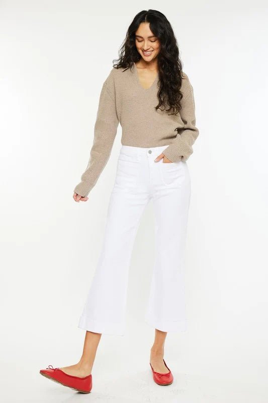 Kan Can High Rise Relaxed Cropped Flare White Jeans - The Nines