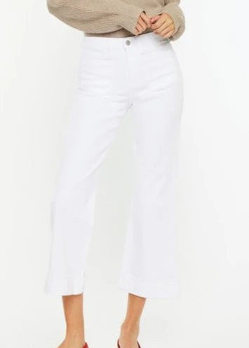 Kan Can High Rise Relaxed Cropped Flare White Jeans - The Nines