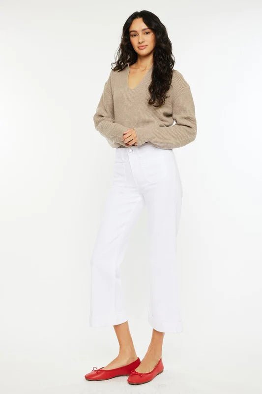 Kan Can High Rise Relaxed Cropped Flare White Jeans - The Nines