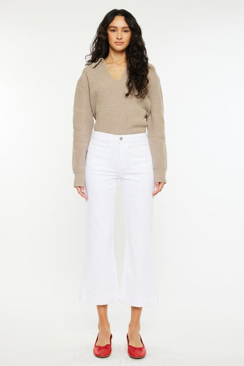 Kan Can High Rise Relaxed Cropped Flare White Jeans