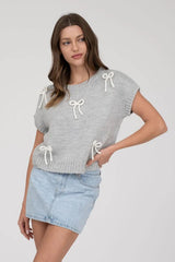 Bow Detail Short Sleeve Knit Pullover - 2 Colors!