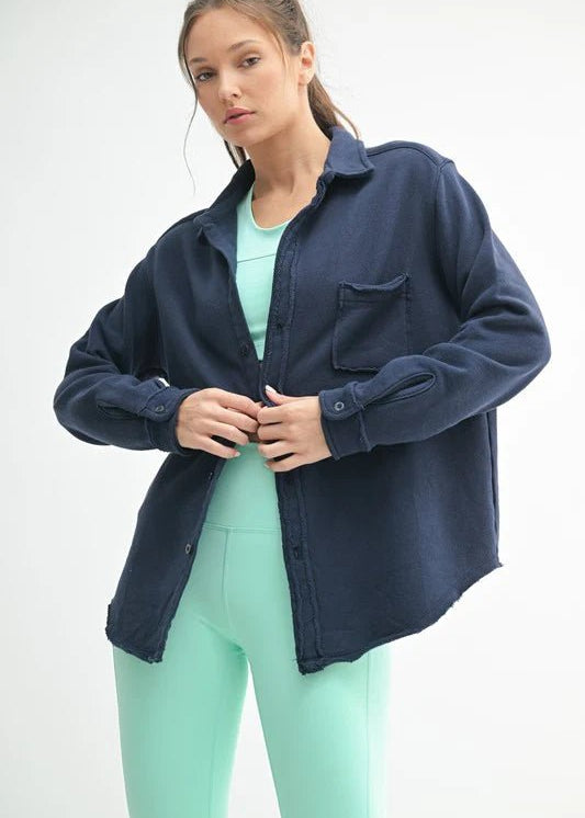 Comfy Cotton Sweatshirt Raw Hem Shacket - The Nines