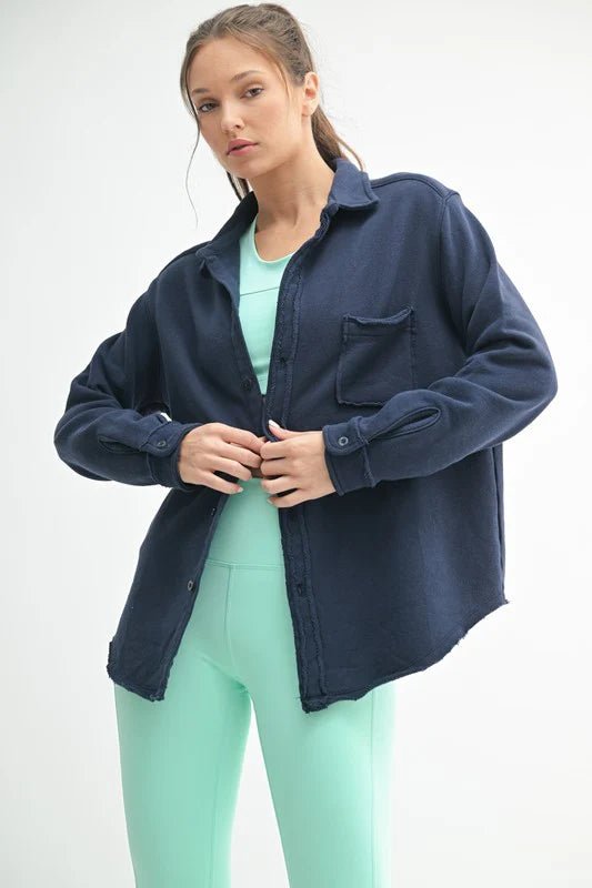 Comfy Cotton Sweatshirt Raw Hem Shacket - The Nines