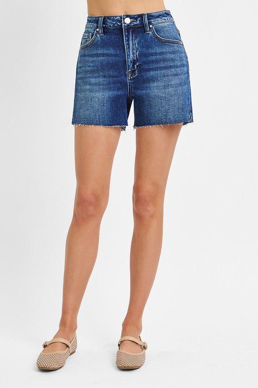 Risen Dark Wash Raw Hem Shorts - The Nines