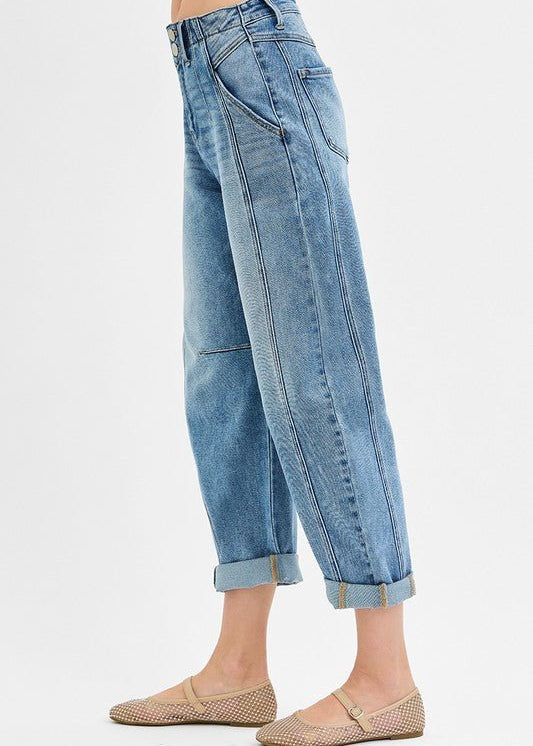 Risen Midrise Ankle Barrel Double Roll up Jean - The Nines