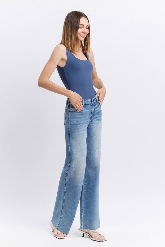 Vervet Mid Rise Medium Wash Raw Hem Jean - The Nines