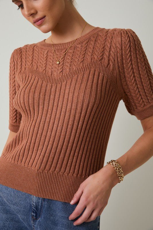 Cable Knit Short Sleeve Sweater - 3 Colors! - The Nines