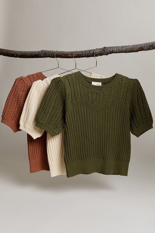 Cable Knit Short Sleeve Sweater - 3 Colors! - The Nines