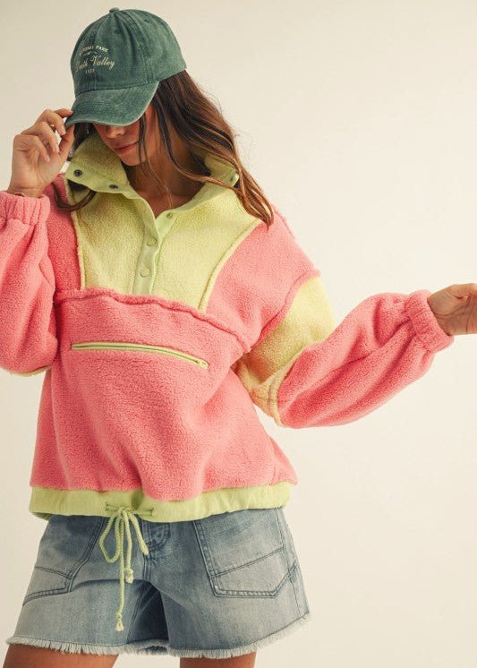 Pink & Lime Fleece Button Pullover - The Nines