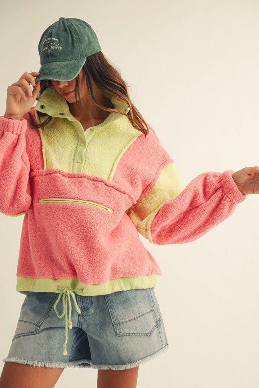 Pink & Lime Fleece Button Pullover - The Nines