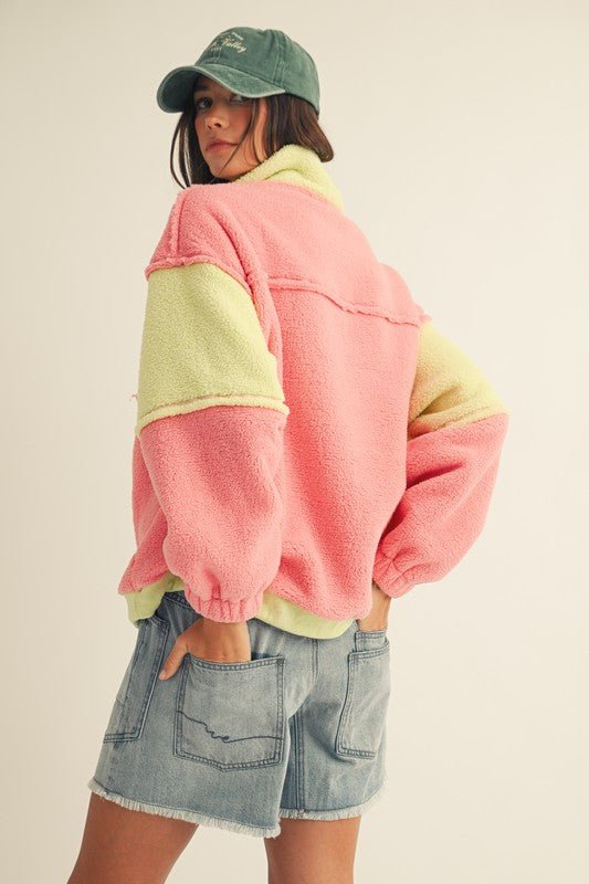 Pink & Lime Fleece Button Pullover - The Nines