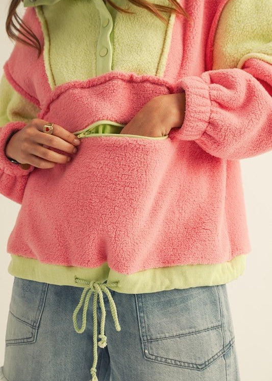 Pink & Lime Fleece Button Pullover - The Nines