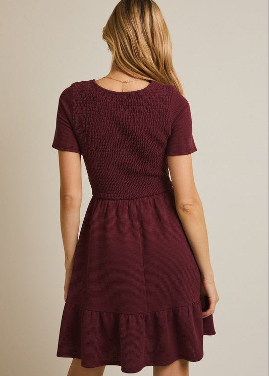 Smocked Burgundy Dress - The Nines