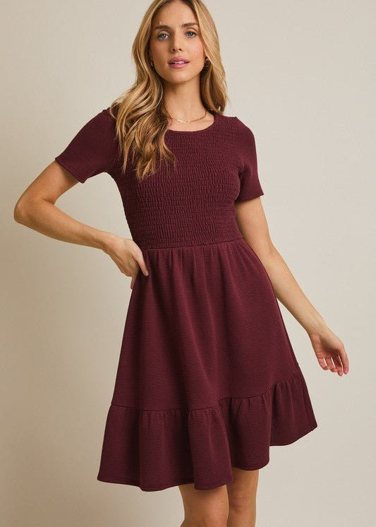 Smocked Burgundy Dress - The Nines