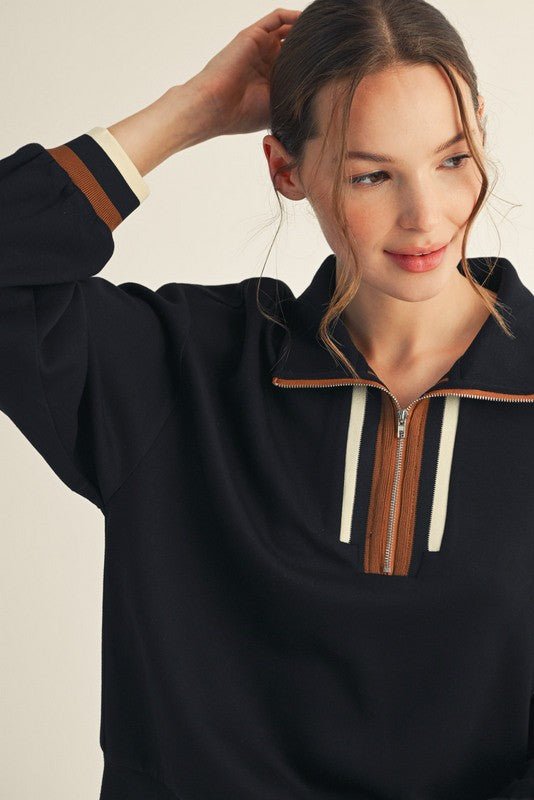 Black Colorblock Trim Detail Zip Top - The Nines