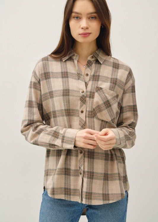 Mushroom & Olive Cotton Classic Plaid Top - The Nines