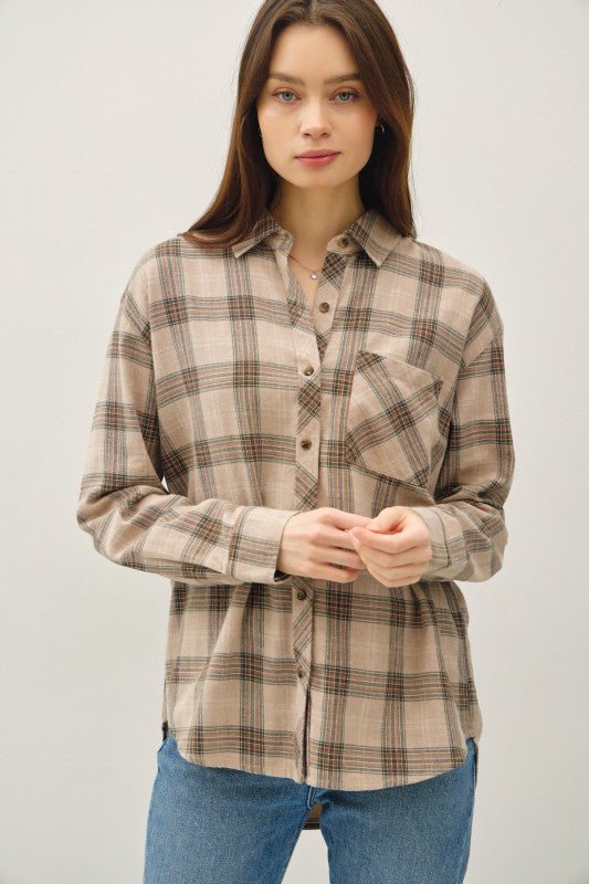 Mushroom & Olive Cotton Classic Plaid Top - The Nines