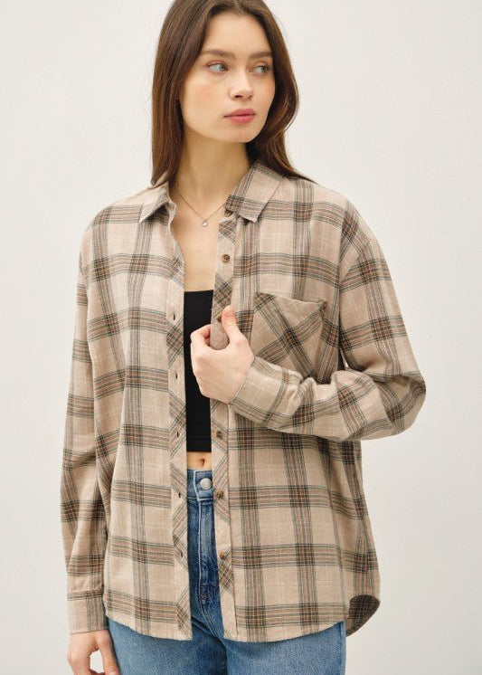 Mushroom & Olive Cotton Classic Plaid Top - The Nines