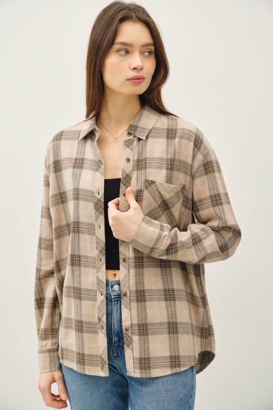 Mushroom & Olive Cotton Classic Plaid Top - The Nines