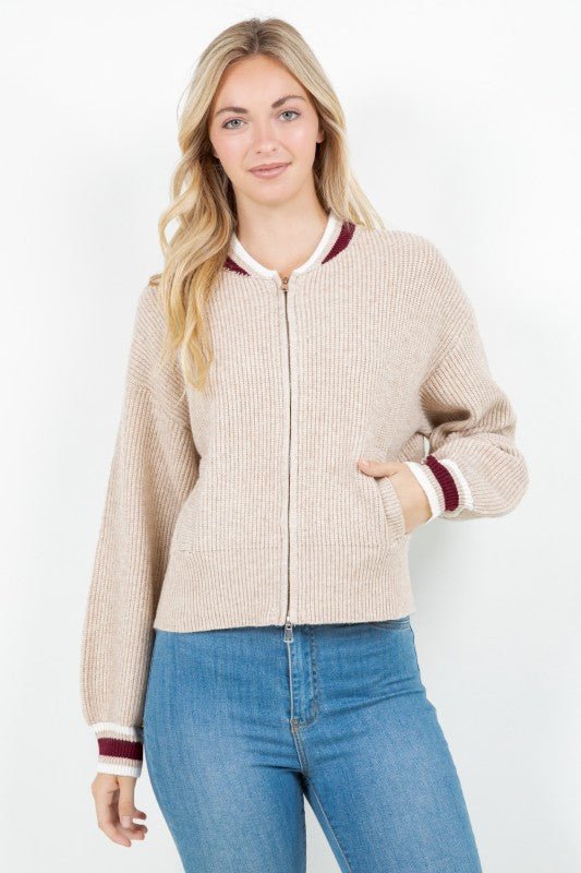 Taupe & Burgundy Sweater Jacket - The Nines