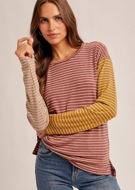 Striped Colorblock Crew Knit Long Sleeve - The Nines