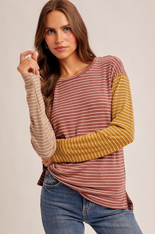 Striped Colorblock Crew Knit Long Sleeve - The Nines