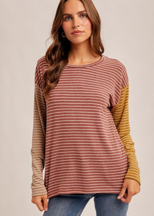 Striped Colorblock Crew Knit Long Sleeve - The Nines