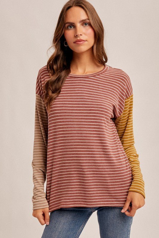 Striped Colorblock Crew Knit Long Sleeve - The Nines