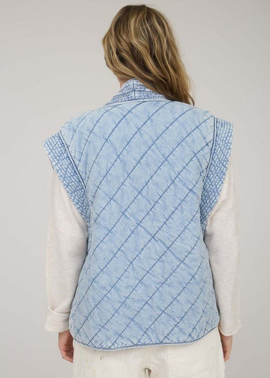 Washed Denim Quilted Shawl Vest - The Nines