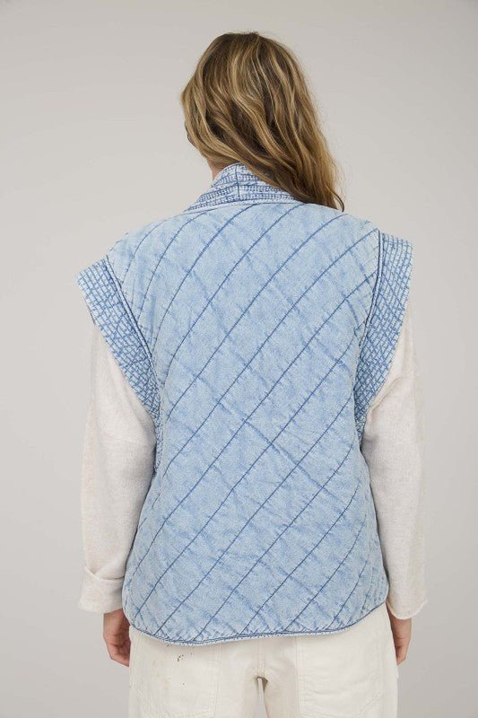 Washed Denim Quilted Shawl Vest - The Nines
