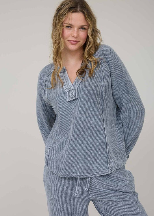 Indigo Blue Split Neck Ribbed Long Sleeve - The Nines