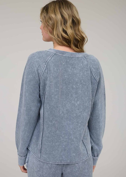 Indigo Blue Split Neck Ribbed Long Sleeve - The Nines