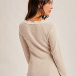 Soft Taupe Lace Trim Henley Top - The Nines
