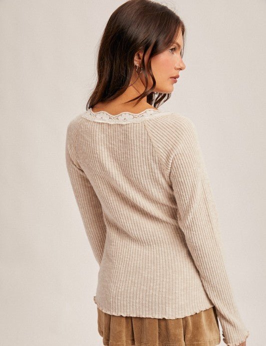 Soft Taupe Lace Trim Henley Top - The Nines
