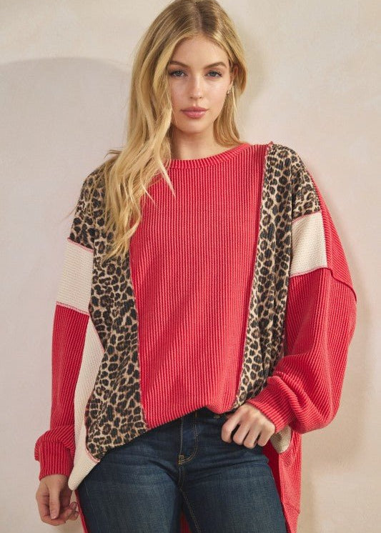 Red Animal Print Ribbed Top - The Nines