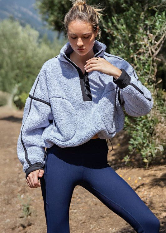 Lavender Blue & Black Sherpa Quarter Zip Jacket - The Nines