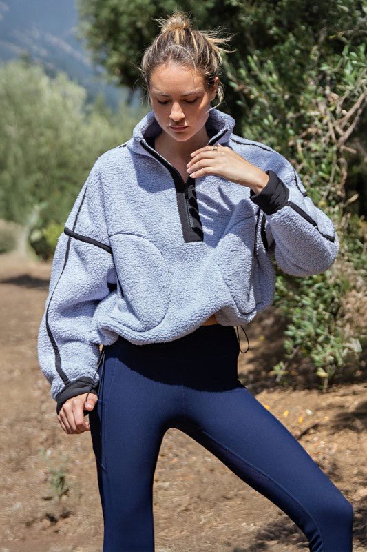 Lavender Blue & Black Sherpa Quarter Zip Jacket - The Nines