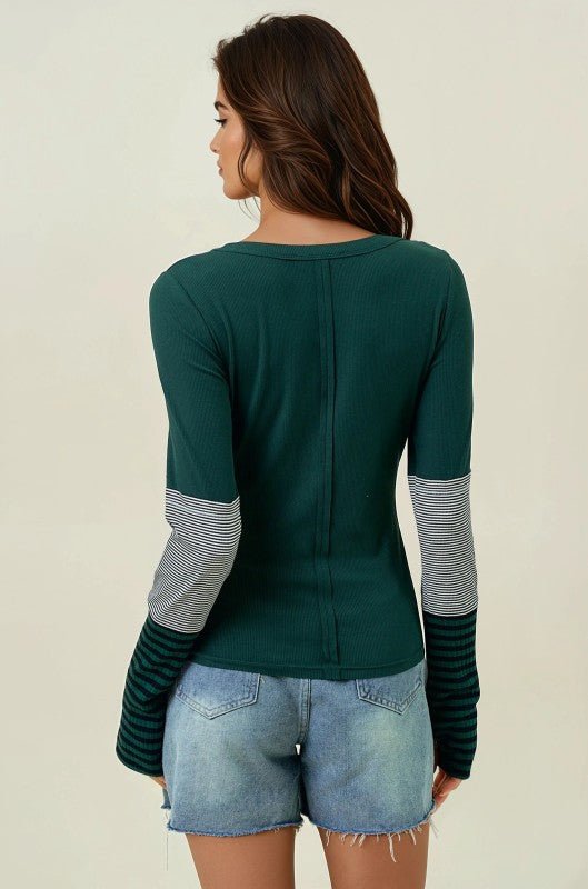 Striped Detail Colorblock Thumbhole Top - 2 Colors! - The Nines