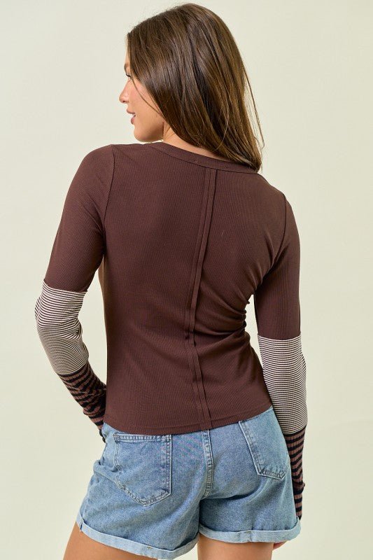 Striped Detail Colorblock Thumbhole Top - 2 Colors! - The Nines