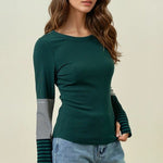 Striped Detail Colorblock Thumbhole Top - 2 Colors! - The Nines
