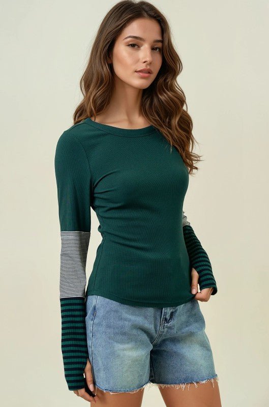 Striped Detail Colorblock Thumbhole Top - 2 Colors! - The Nines