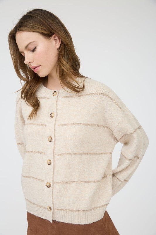 Taupe Striped Button Down Cardigan - The Nines