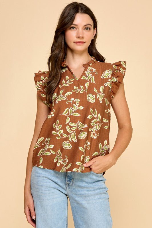 Brown Floral Ruffle Top - The Nines