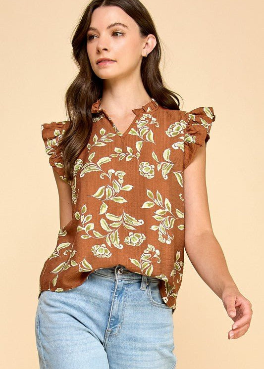 Brown Floral Ruffle Top - The Nines