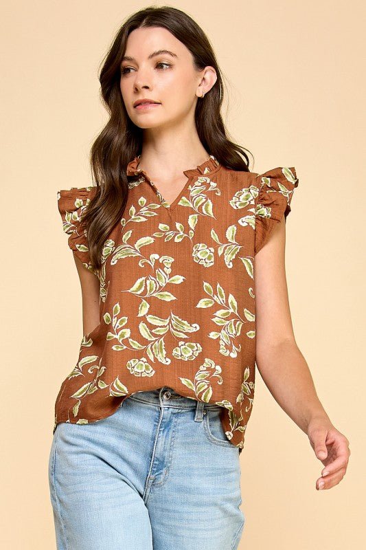 Brown Floral Ruffle Top - The Nines