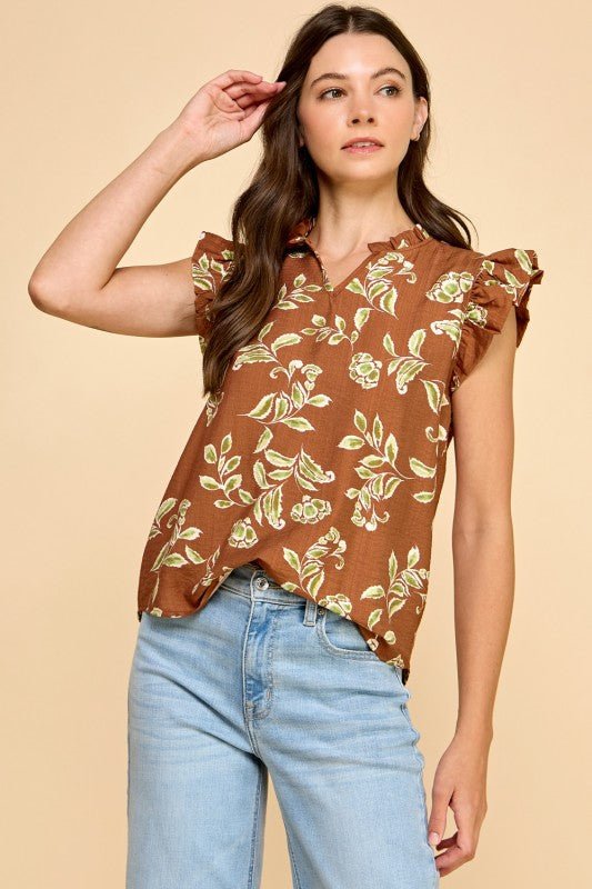 Brown Floral Ruffle Top - The Nines