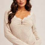 Soft Taupe Lace Trim Henley Top - The Nines