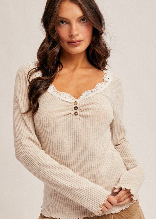 Soft Taupe Lace Trim Henley Top - The Nines