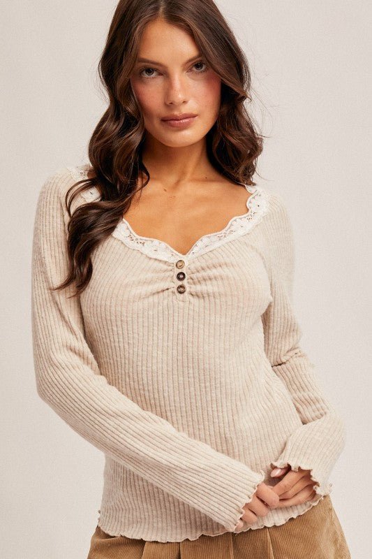 Soft Taupe Lace Trim Henley Top - The Nines